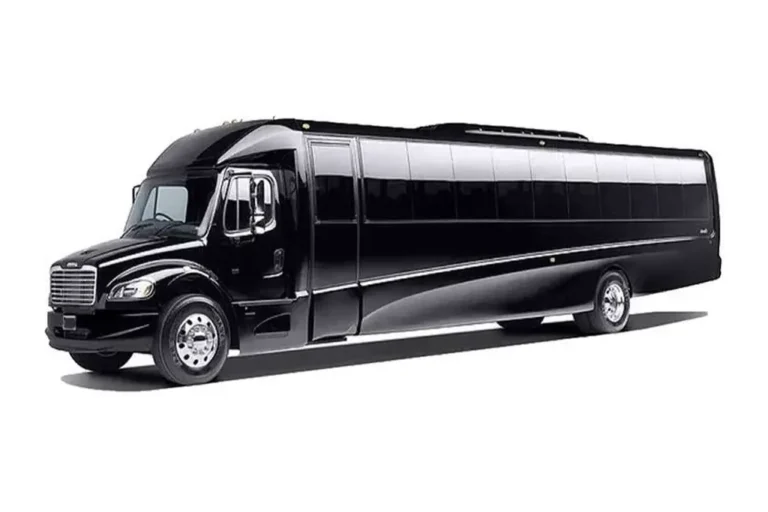 Black luxury shuttle bus on white background.