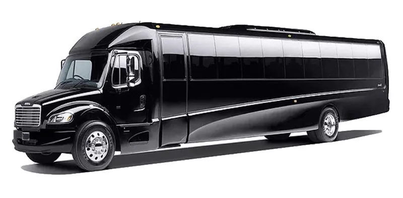 Black luxury limousine bus on white background.