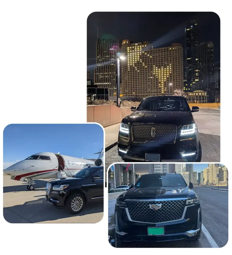 Limo Service in Chicago - Luxury cars and private jet at night and day.