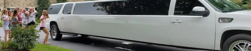 Limousine Cost Per Hour - Group of people next to a long white limousine.