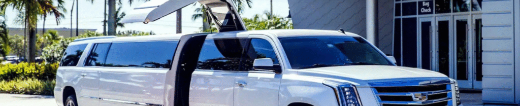 Limousine Service Include - White stretch limousine with open vertical door