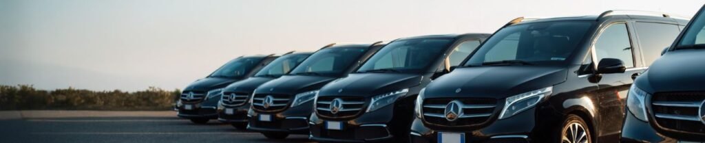 What is VIP Transportation? - Row of luxury black cars parked outdoors.