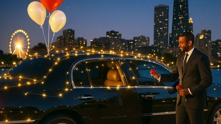 Man with flowers beside lit car at night.