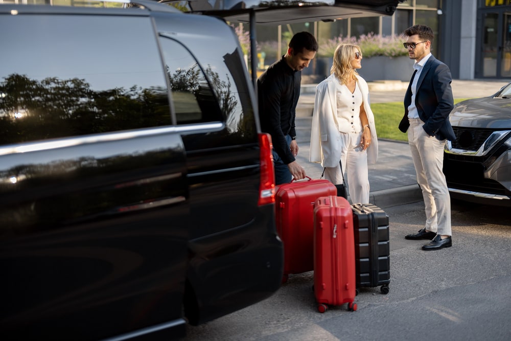 People with suitcases near parked cars, urban setting.